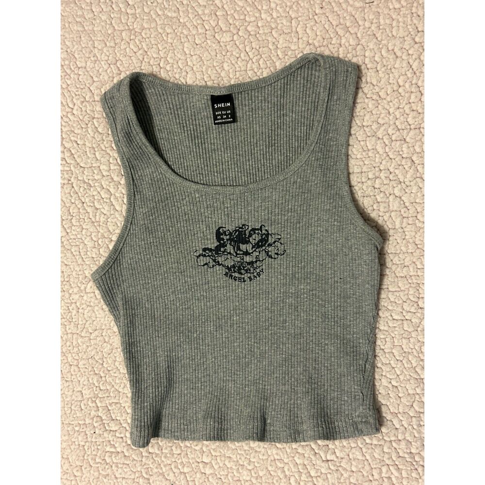 Y2K Angel Core Ribbed Cherub Crop Top Heather Grey XS